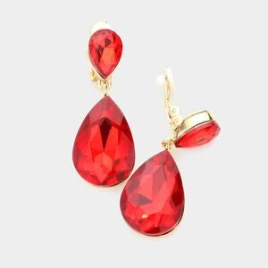 Clip on 1 3/4" gold and red stone double teardrop dangle earrings